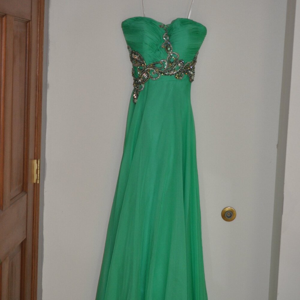 Alyse size 6 med jade green chiffon long dress with Rhinestone applique